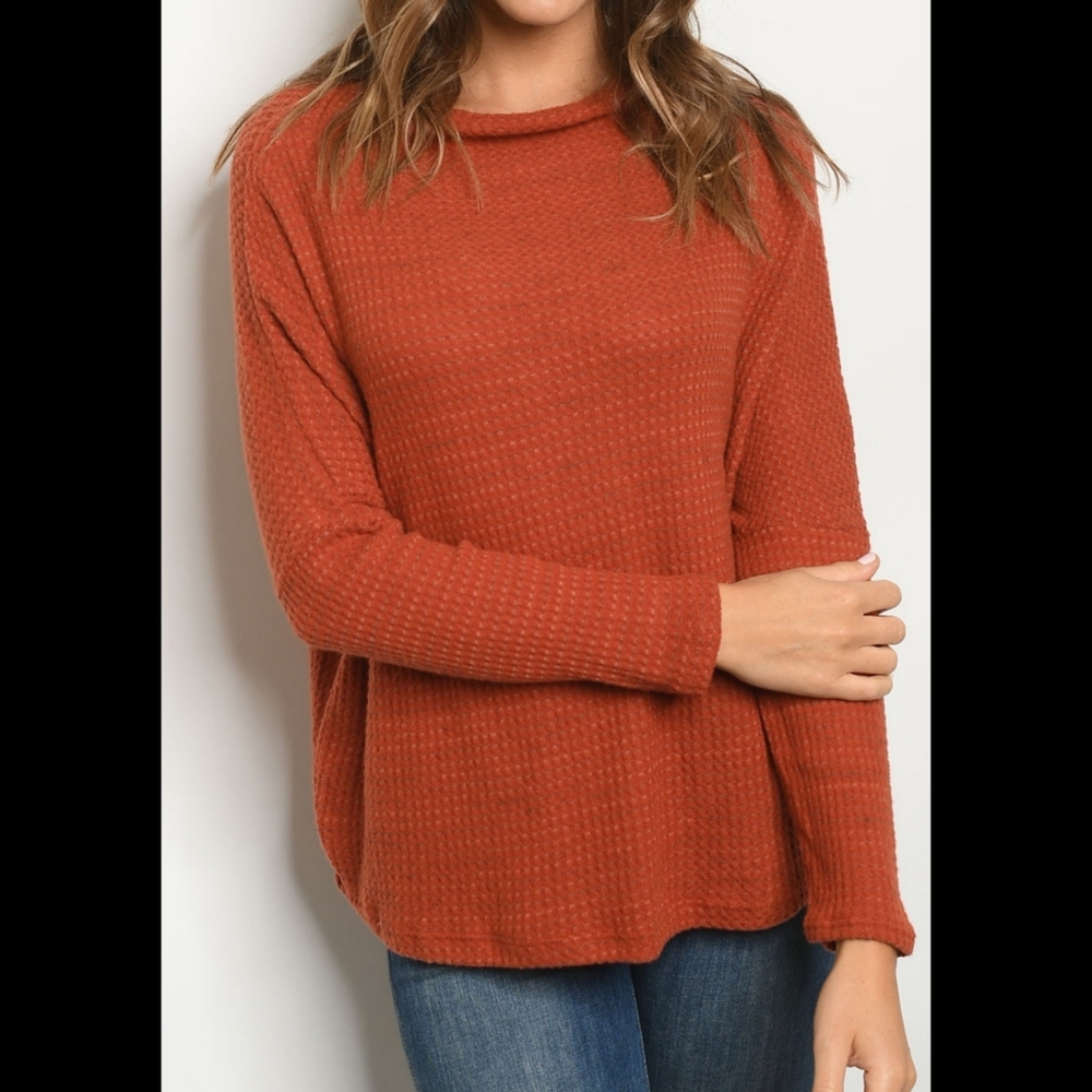 5⭐ LAST 2! orange round neck soft brushed waffle knit oversized pullover sweater